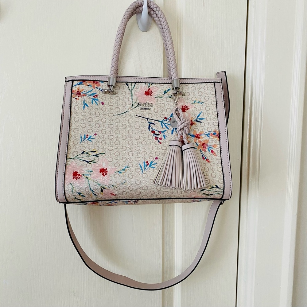 Guess Floral Print Monogram Tassel Braided Handle Crossbody Satchel Bag